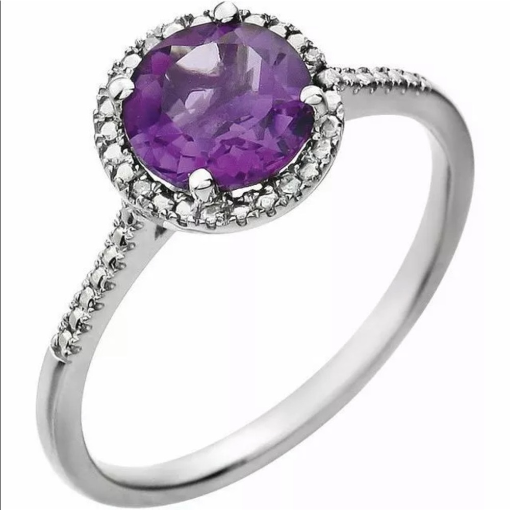Amethyst Diamond Halo Ring Sterling Silver